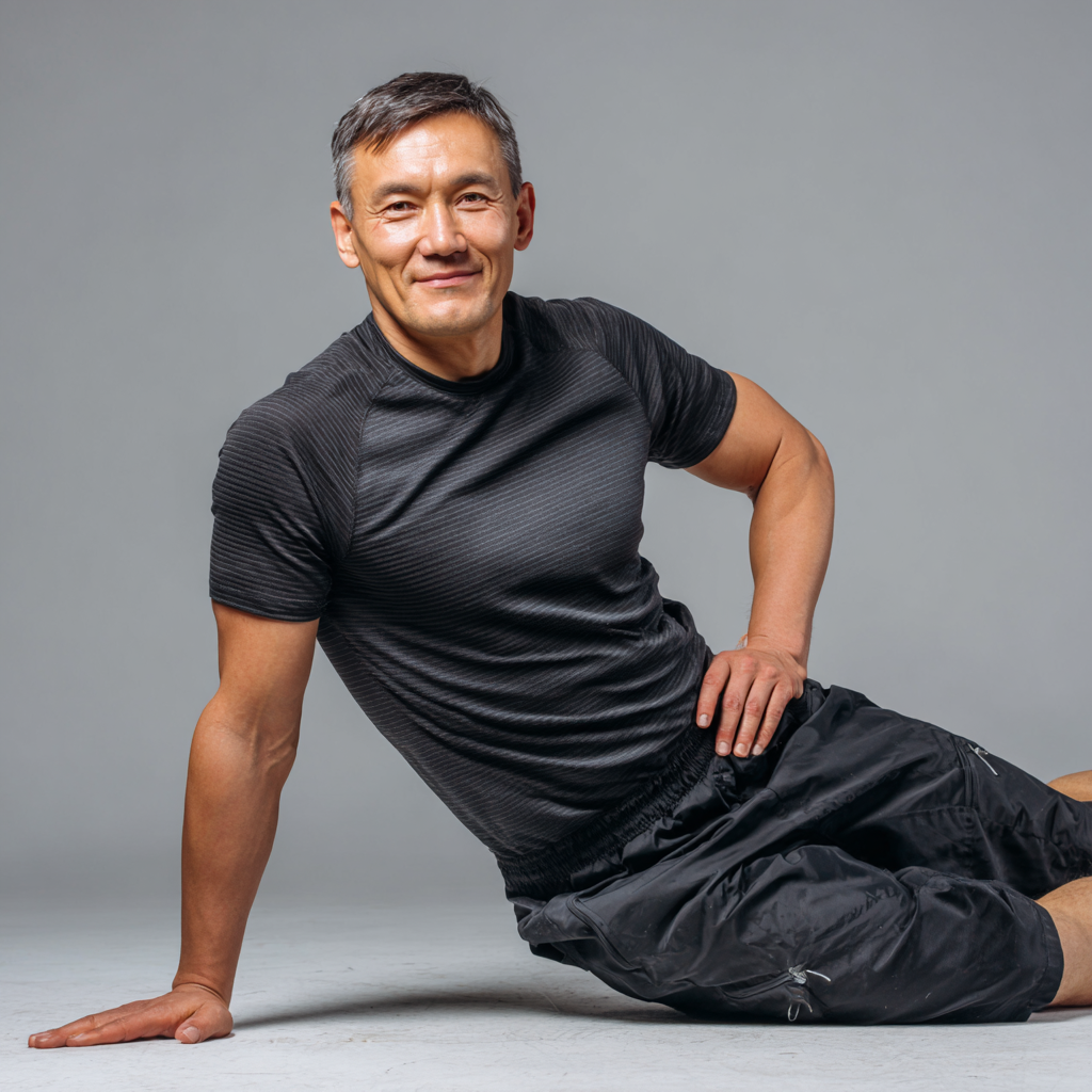 Группа европейских людей разного возраста радостно занимается дыхательными упражнениями в просторной студии